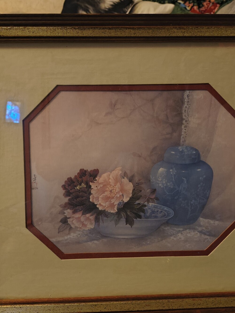 Framed Floral Still Life Print with Blue Vase